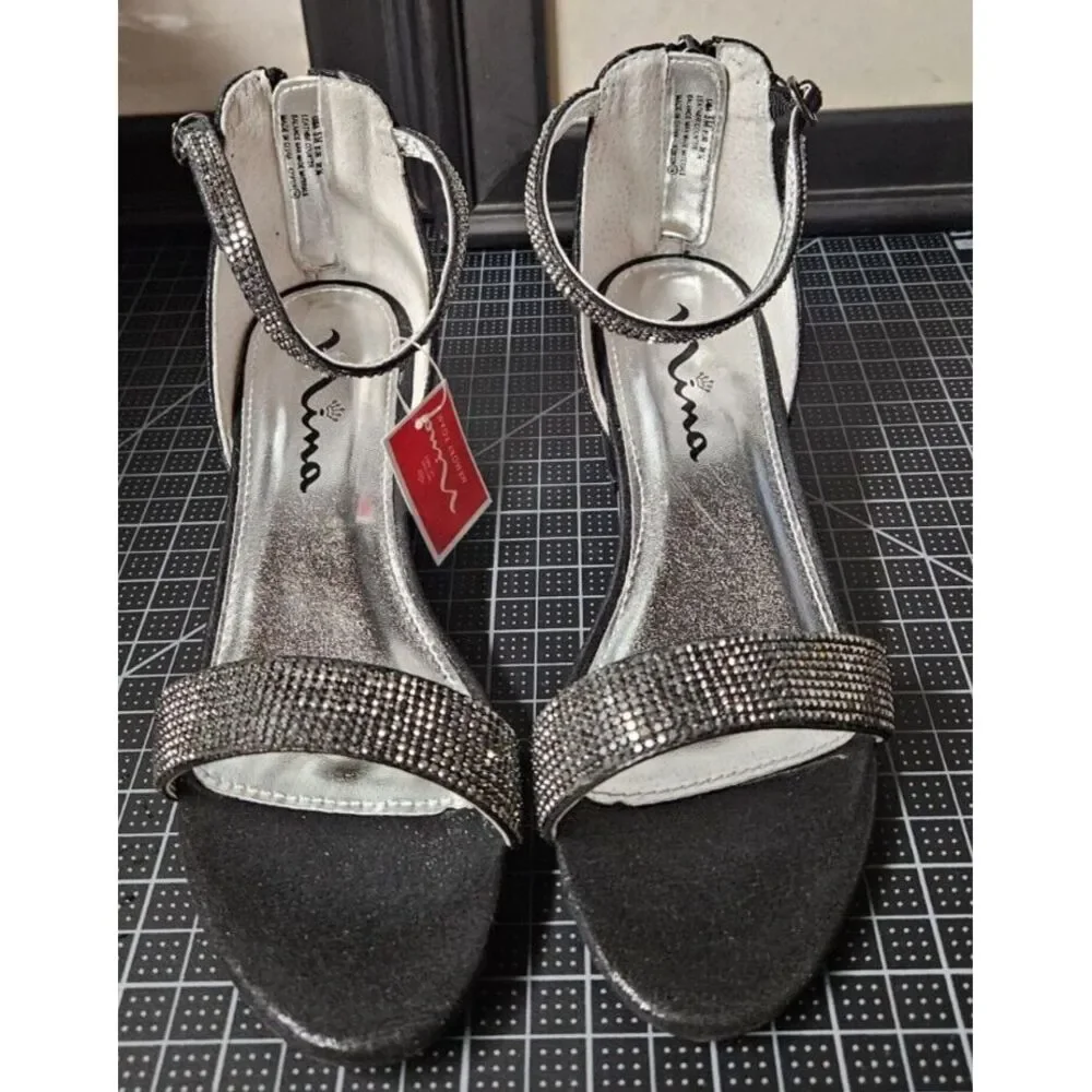 NINA Girl's Valetta Black Shimmer ankle strap sandals Big Kid 5M‎